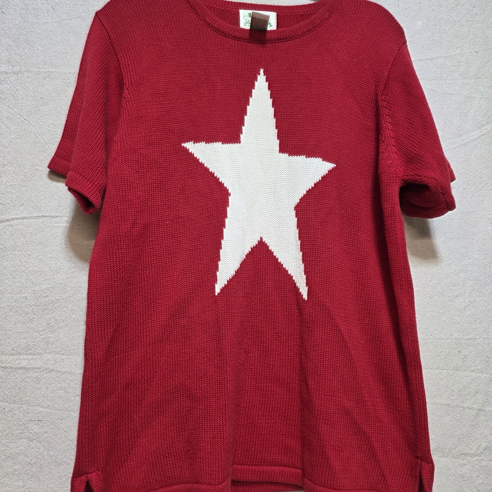 Quaker Factory Tunic Sweater, Women's Medium, Red Patriotic Star Knit VTG Top